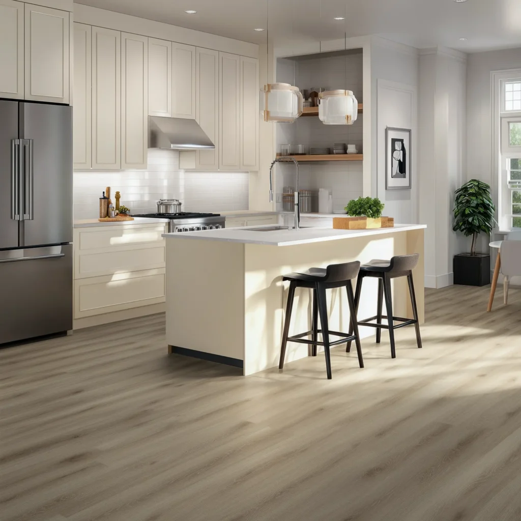 Laminate flooring in traditional style kitchen with tall off-white cabinets