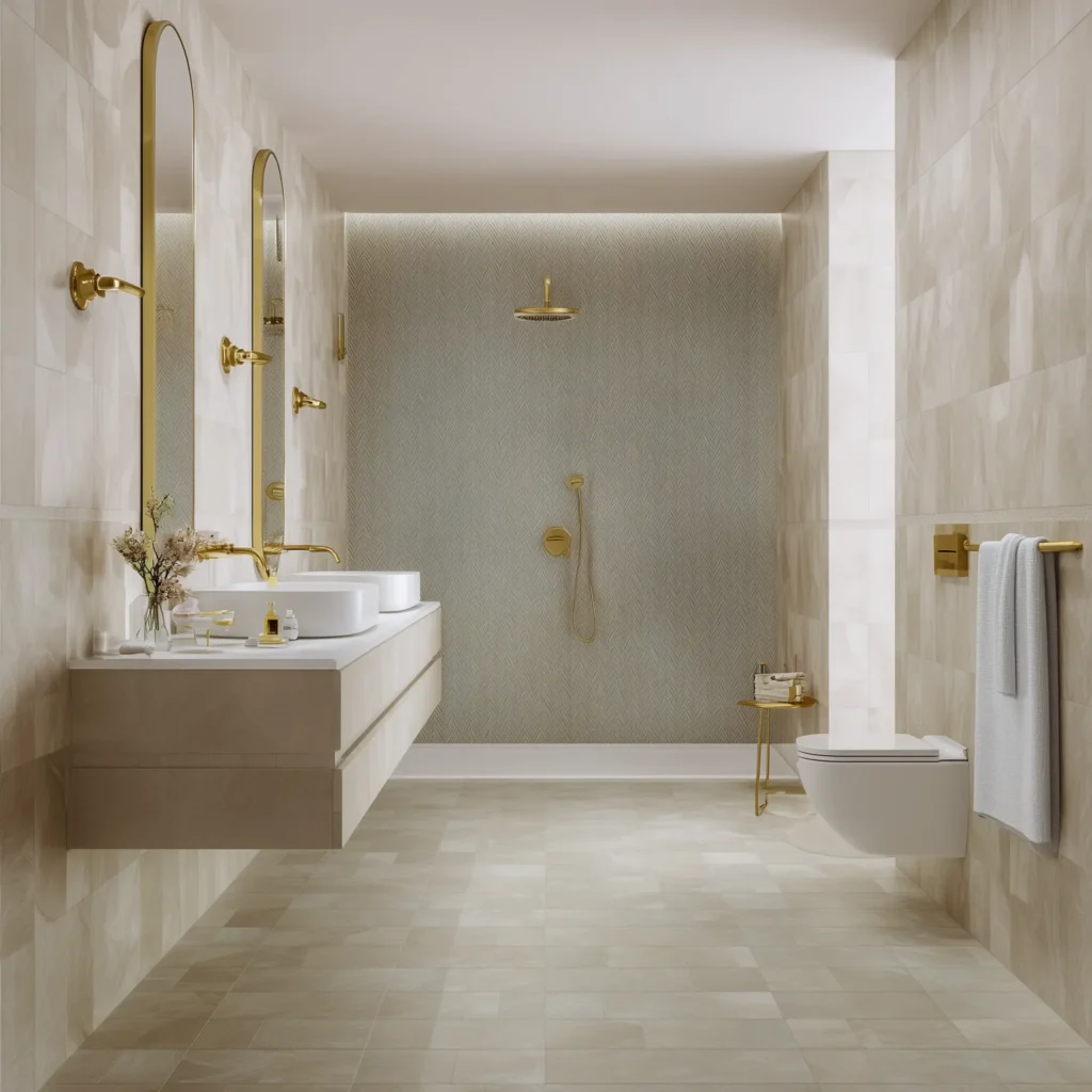 Luxurious tile in modern bathroom with large shower