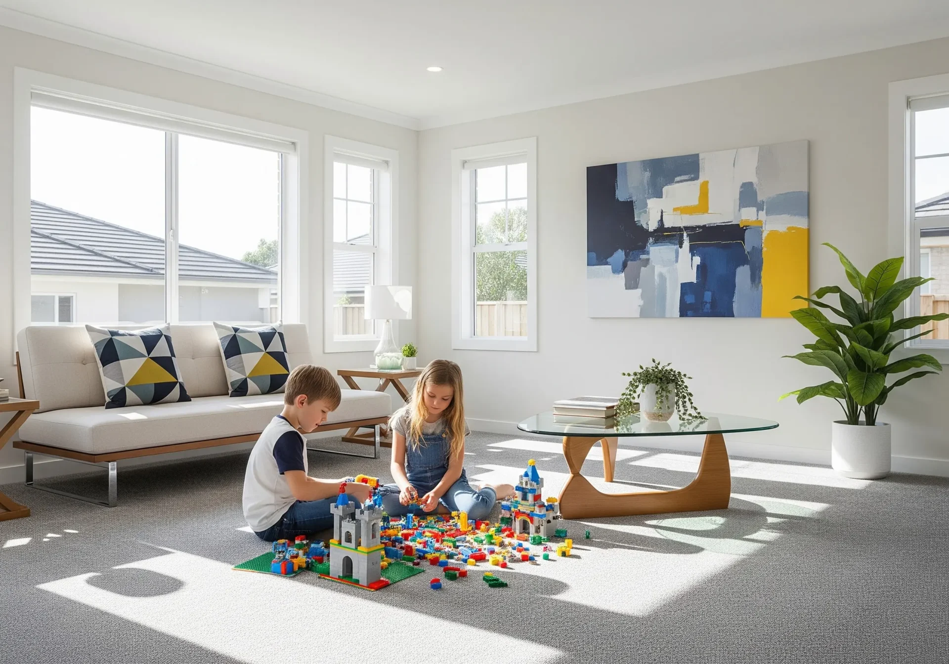 Professionally installed carpet in bright living room. kids playing with lego on the floor