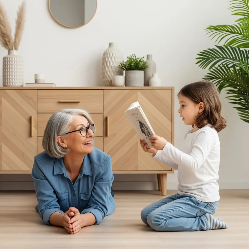 A young girl and an older woman (grandmother) sharing a book on a light wooden floor in a brightly lit, modern living room.