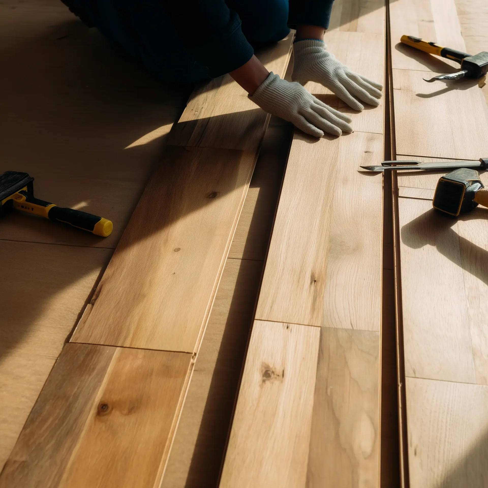Close-up of a worker in white gloves installing light wood floor planks with tools nearby in bright sunlight.