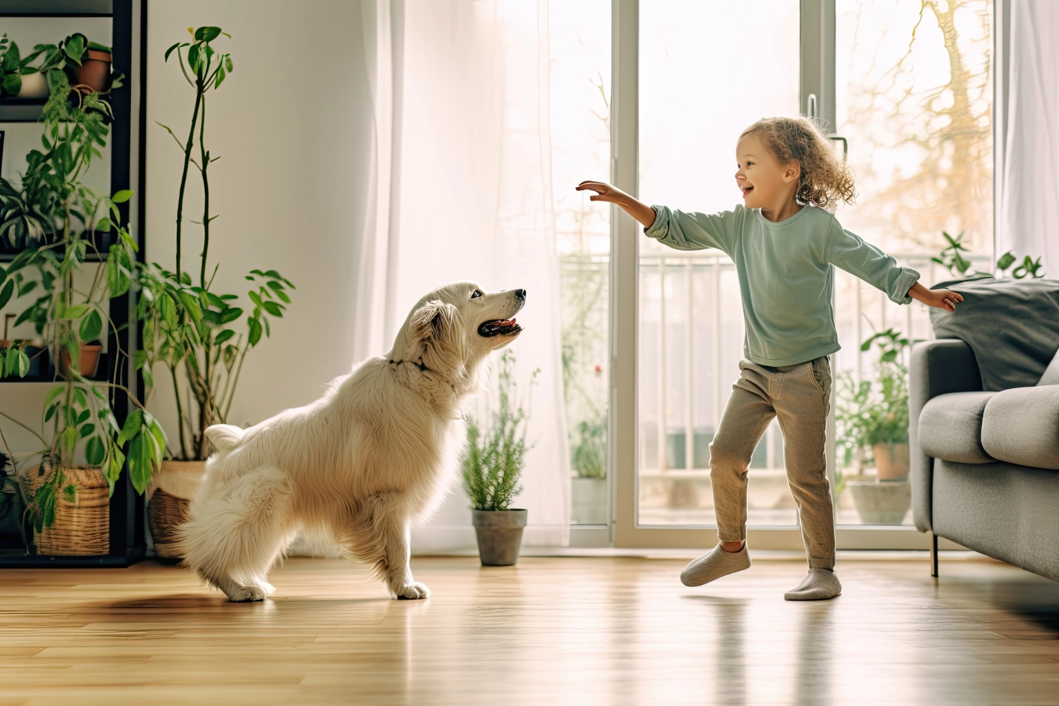A curly-haired child in a green shirt dancing with a large white dog in a sunlit living room.